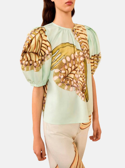 UJ Ravena Printed Cotton Puff-sleeve Blouse Top
