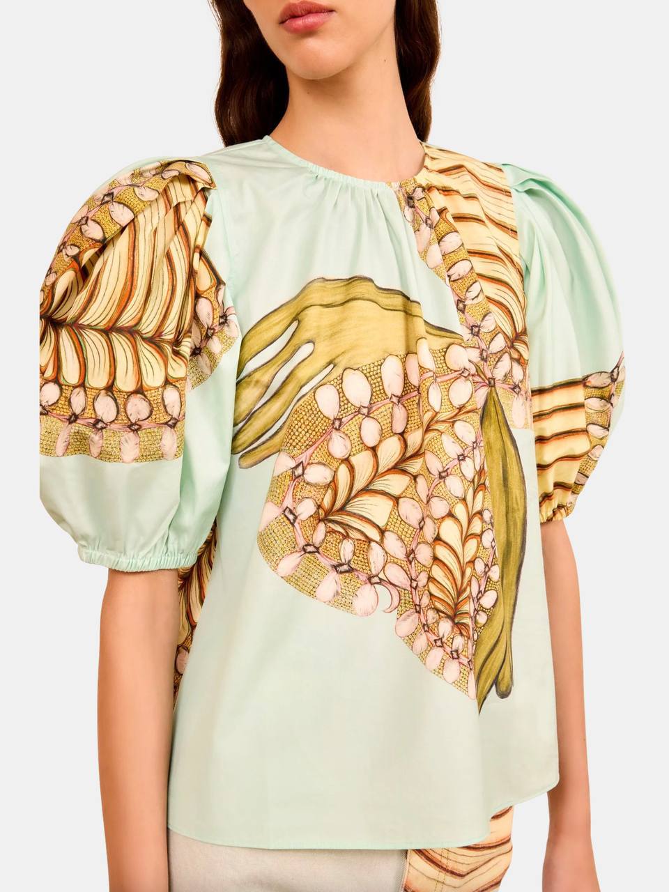 UJ Ravena Printed Cotton Puff-sleeve Blouse Top