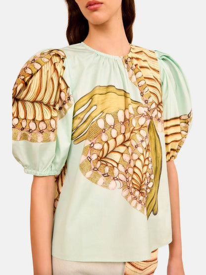 UJ Ravena Printed Cotton Puff-sleeve Blouse Top