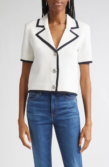 VB Stovall Contrast-Detail Crop Knit Viscose-blend Jacket Top