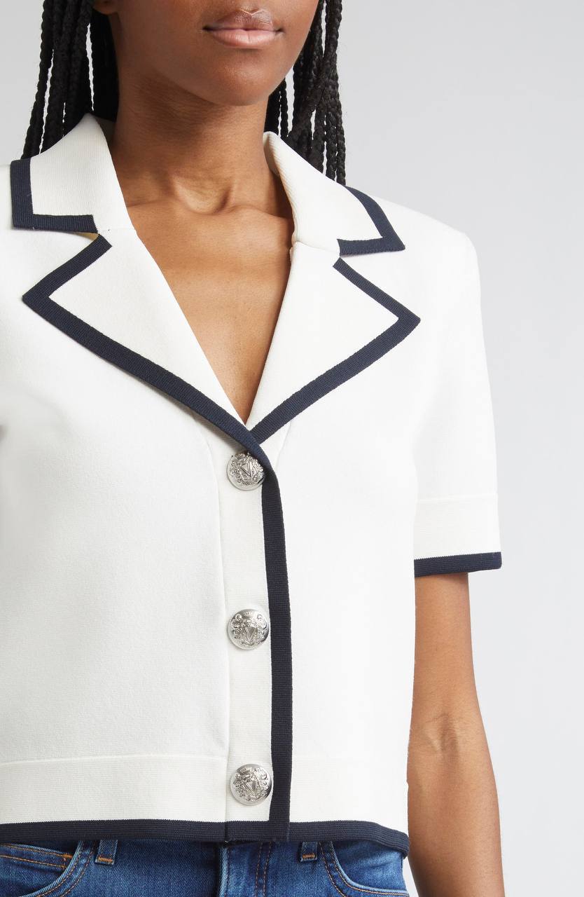 VB Stovall Contrast-Detail Crop Knit Viscose-blend Jacket Top