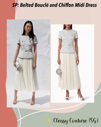 SP Belted Bouclé and Chiffon Midi Dress