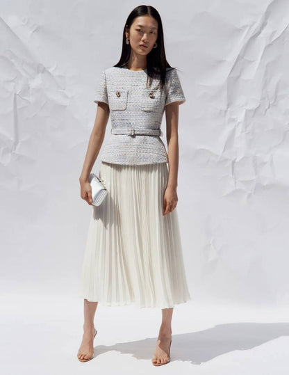 SP Belted Bouclé and Chiffon Midi Dress