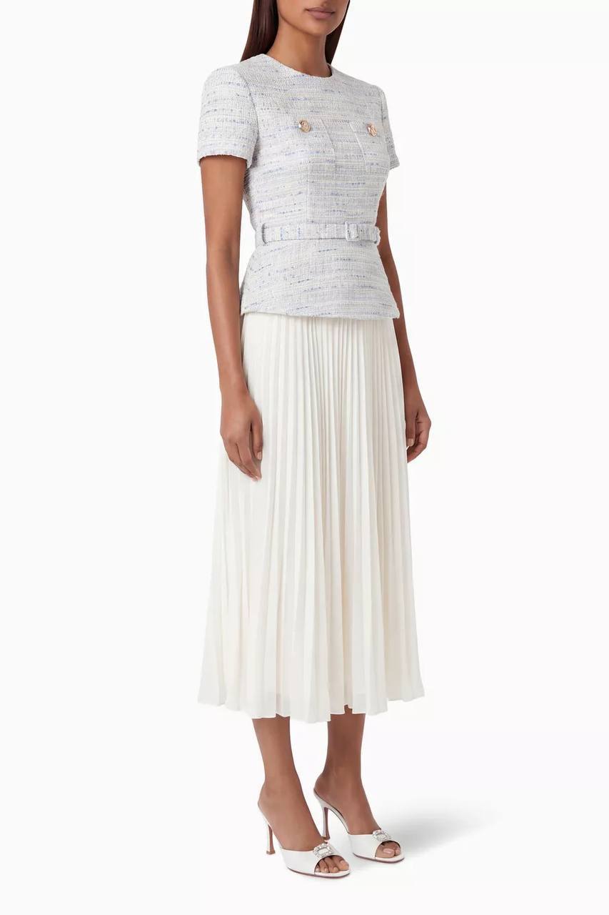 SP Belted Bouclé and Chiffon Midi Dress