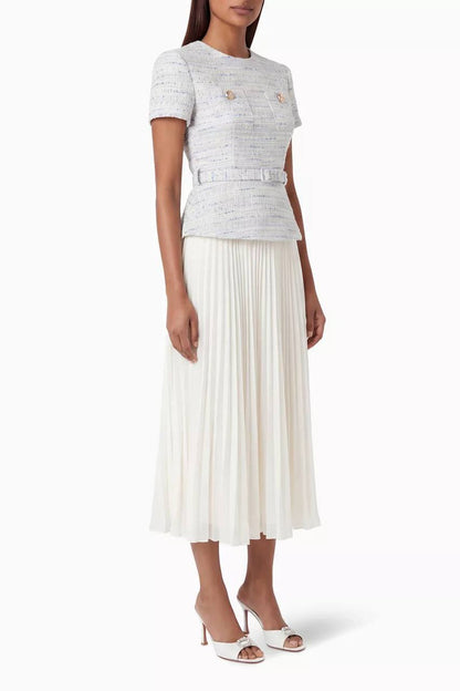 SP Belted Bouclé and Chiffon Midi Dress