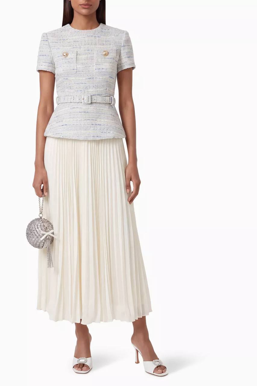 SP Belted Bouclé and Chiffon Midi Dress