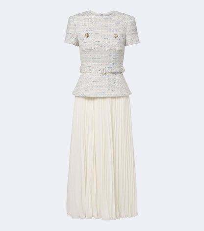 SP Belted Bouclé and Chiffon Midi Dress