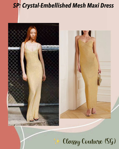 Yellow Gold Crystal Embellished Strappy Mesh Bodycon Maxi Dress