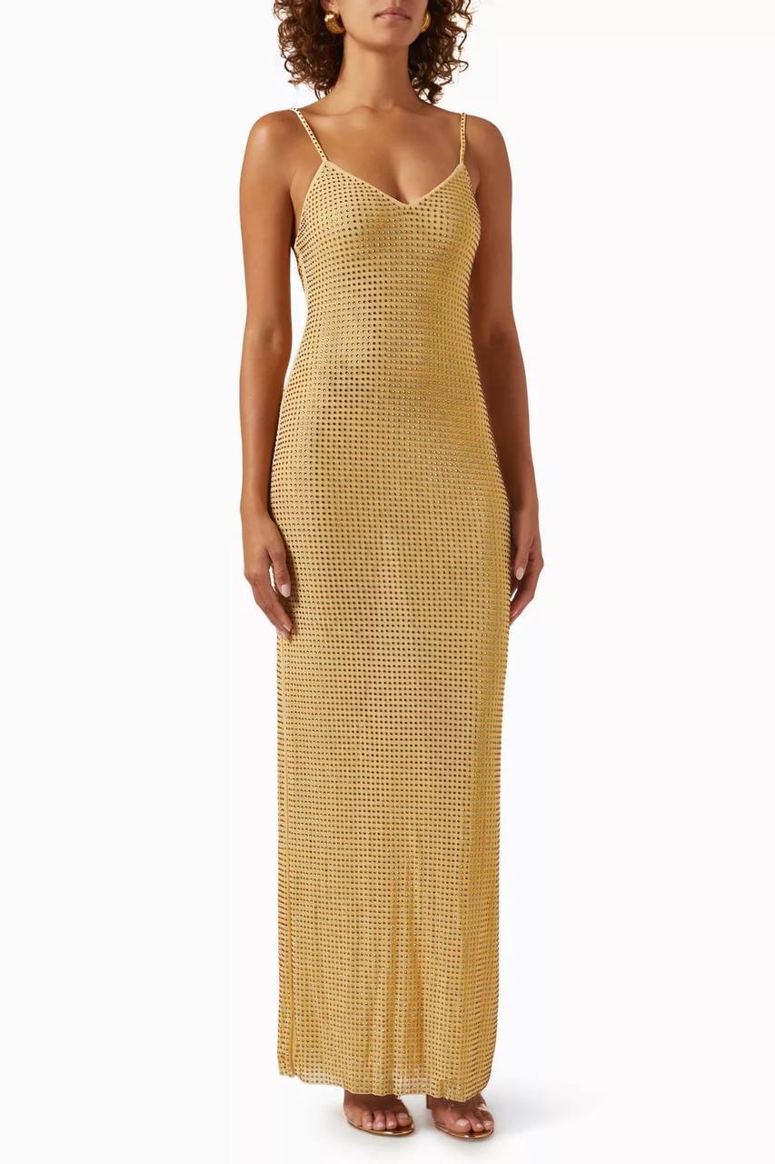 Yellow Gold Crystal Embellished Strappy Mesh Bodycon Maxi Dress