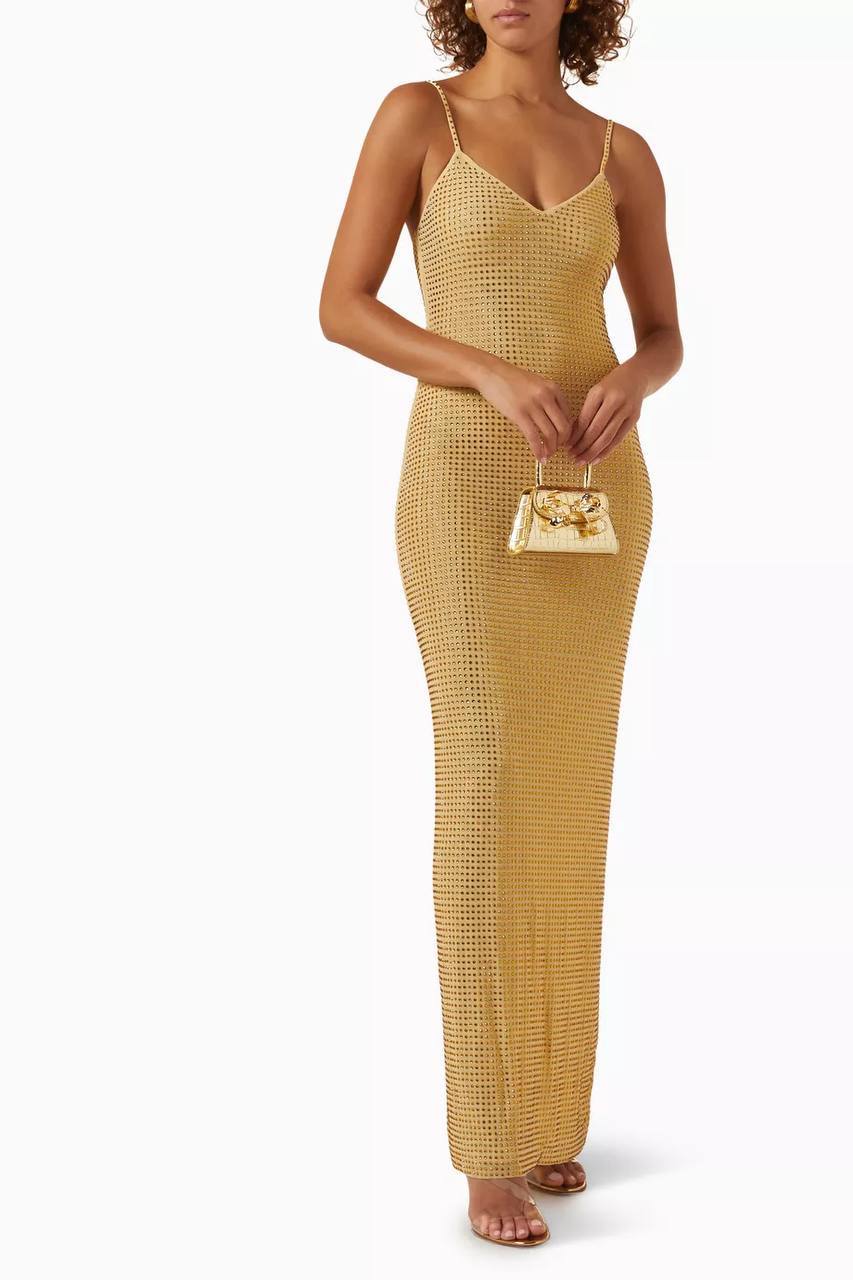 Yellow Gold Crystal Embellished Strappy Mesh Bodycon Maxi Dress