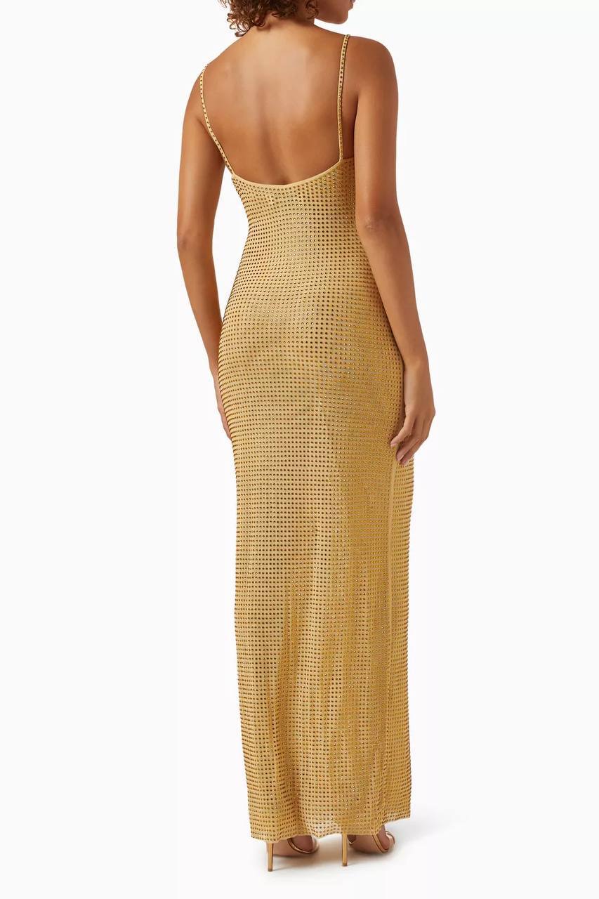 Yellow Gold Crystal Embellished Strappy Mesh Bodycon Maxi Dress