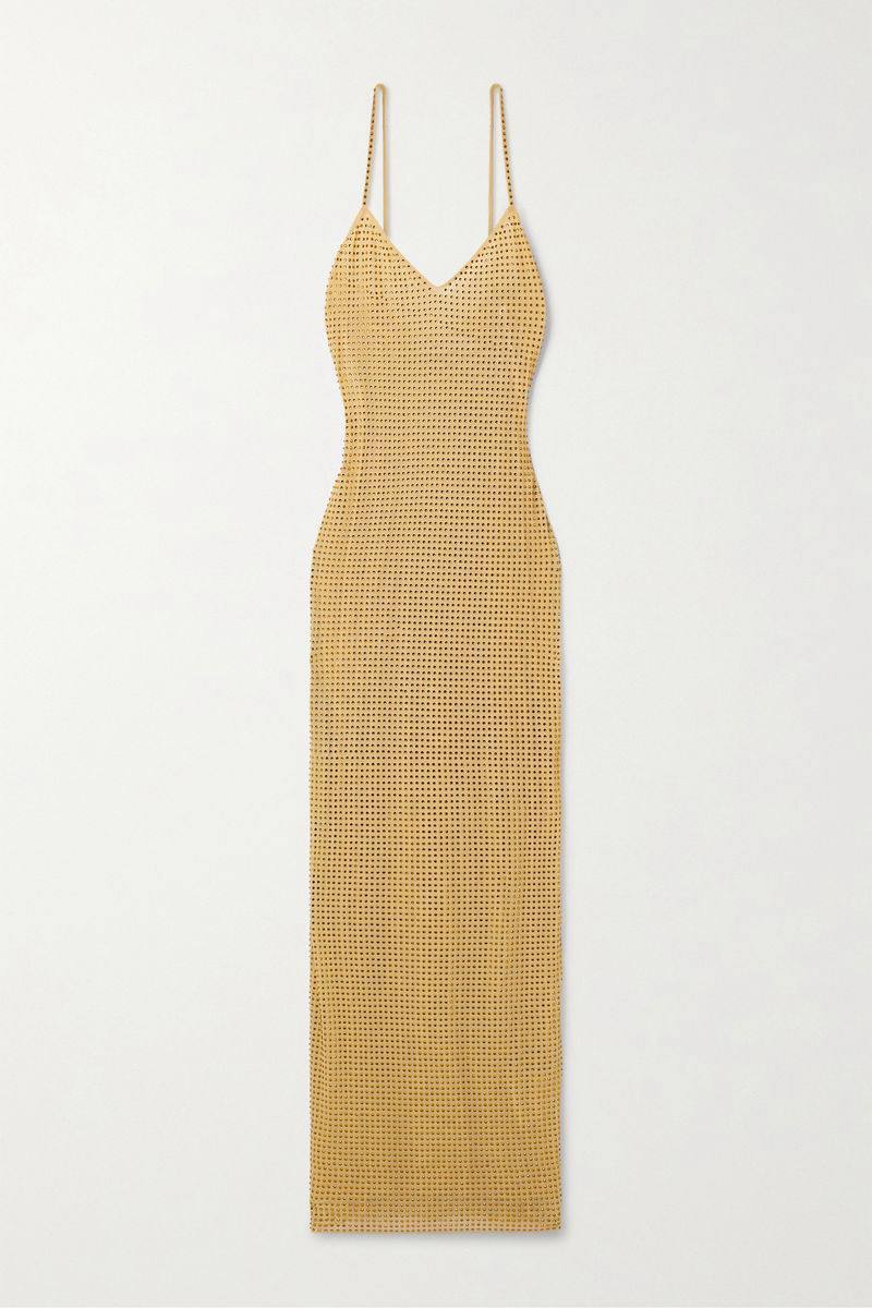 Yellow Gold Crystal Embellished Strappy Mesh Bodycon Maxi Dress