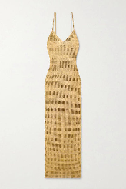 Yellow Gold Crystal Embellished Strappy Mesh Bodycon Maxi Dress