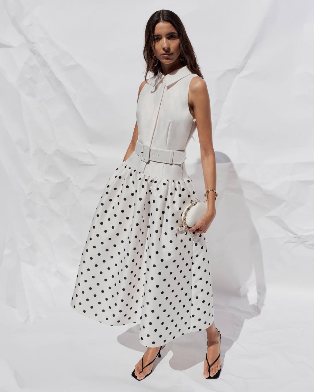 SP White Sleeveless Polka Dot Midi Dress