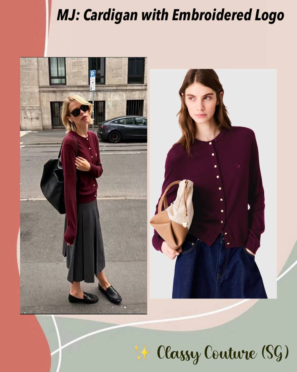 Malila Polo Collar Jumper Top | Cardigan with Embroidered Logo | Wool Burgundy Purple-red Set