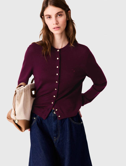 Malila Polo Collar Jumper Top | Cardigan with Embroidered Logo | Wool Burgundy Purple-red Set