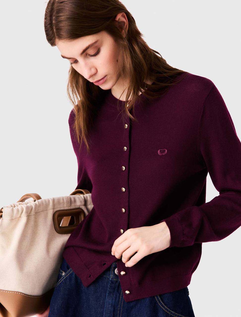 Malila Polo Collar Jumper Top | Cardigan with Embroidered Logo | Wool Burgundy Purple-red Set