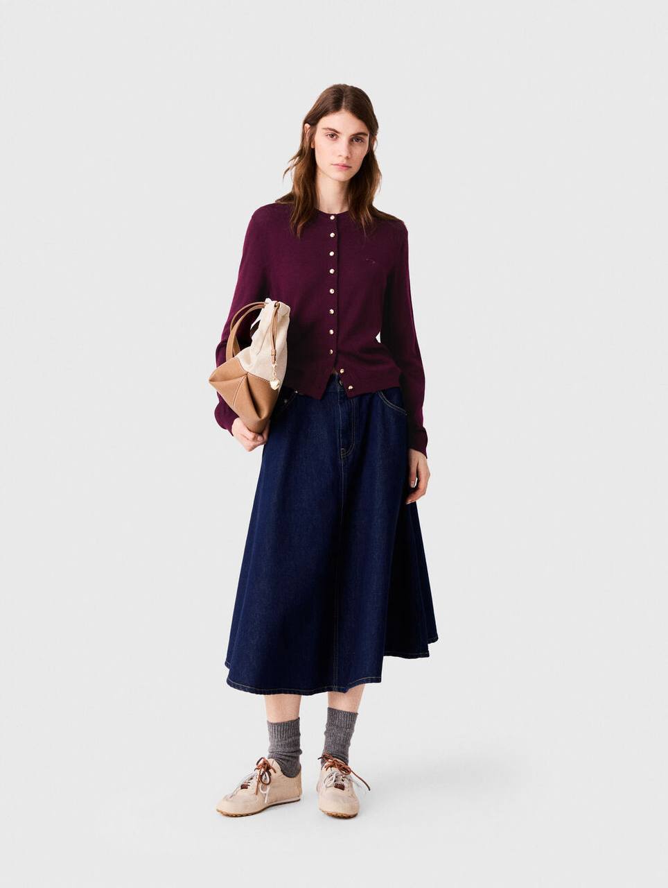 Malila Polo Collar Jumper Top | Cardigan with Embroidered Logo | Wool Burgundy Purple-red Set