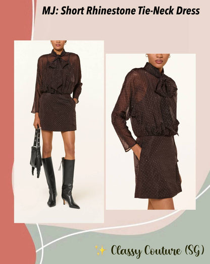 Brown Short Rhinestone Pussybow Tie-Neck Mini Dress