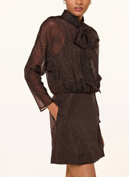 Brown Short Rhinestone Pussybow Tie-Neck Mini Dress