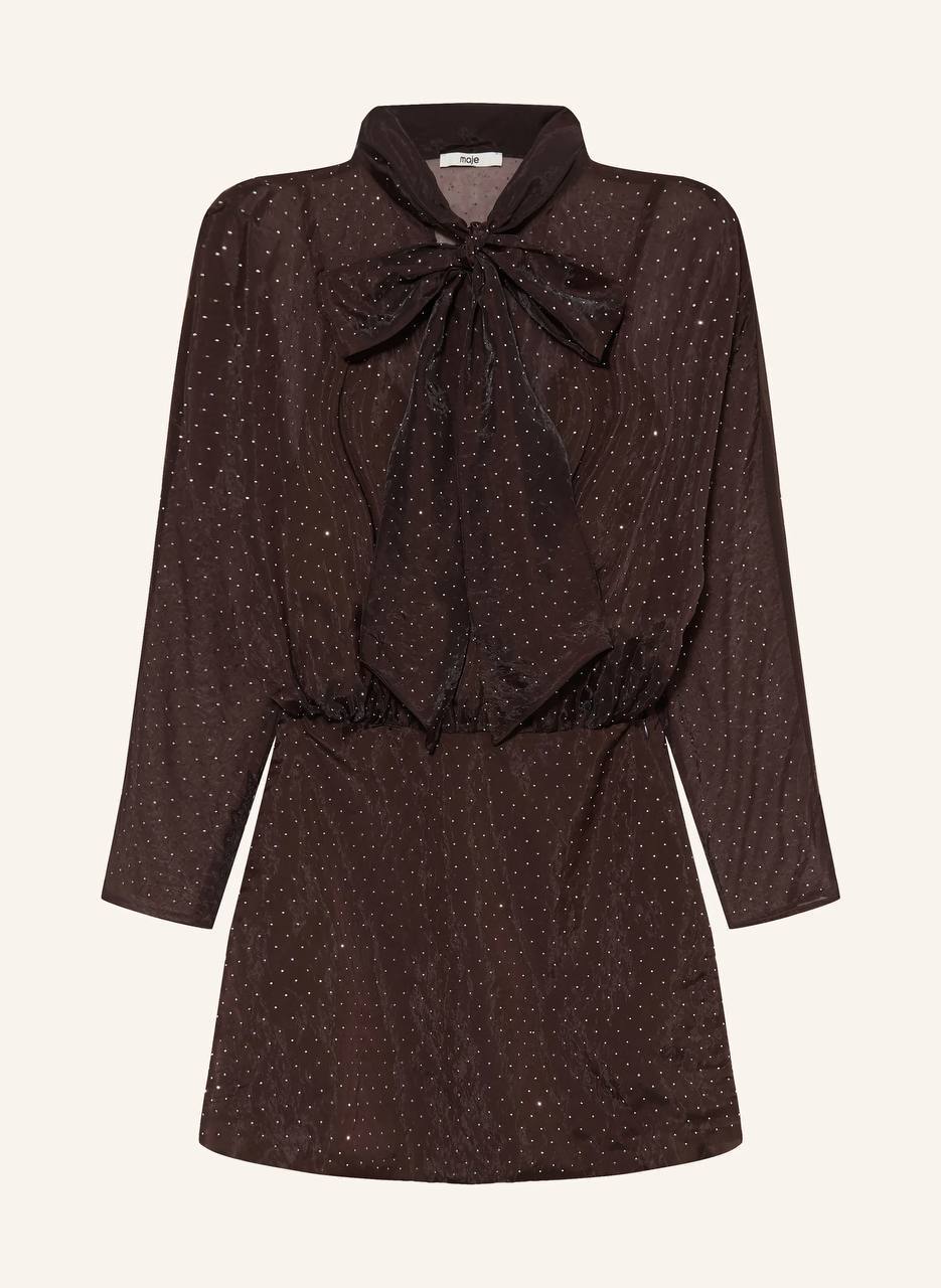 Brown Short Rhinestone Pussybow Tie-Neck Mini Dress