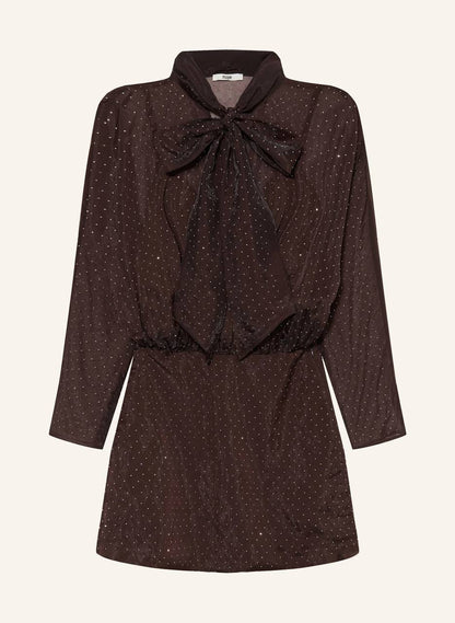 Brown Short Rhinestone Pussybow Tie-Neck Mini Dress