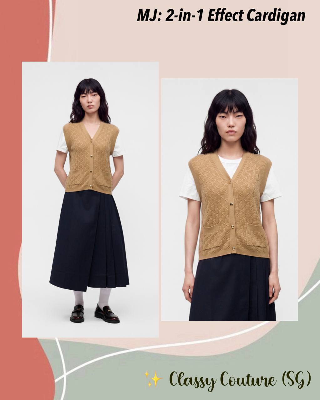 2-in-1 Effect Cardigan in Camel (Wool-cashmere Vest with Cotton Sleeves)