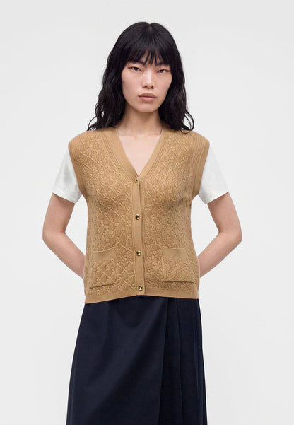 2-in-1 Effect Cardigan in Camel (Wool-cashmere Vest with Cotton Sleeves)