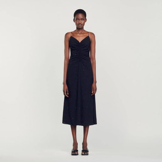 Black Praline Ruched Rhinestone Midi Dress