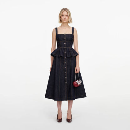 Indigo Denim Peplum Midi Dress