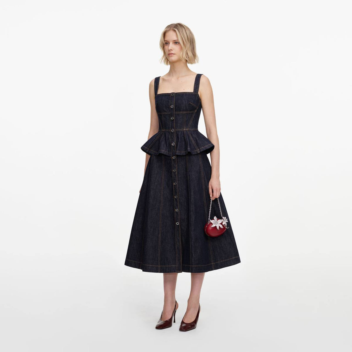 Indigo Denim Peplum Midi Dress