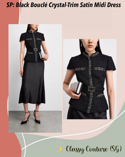 SP Black Boulé Crystal-Trim Satin Midi Dress
