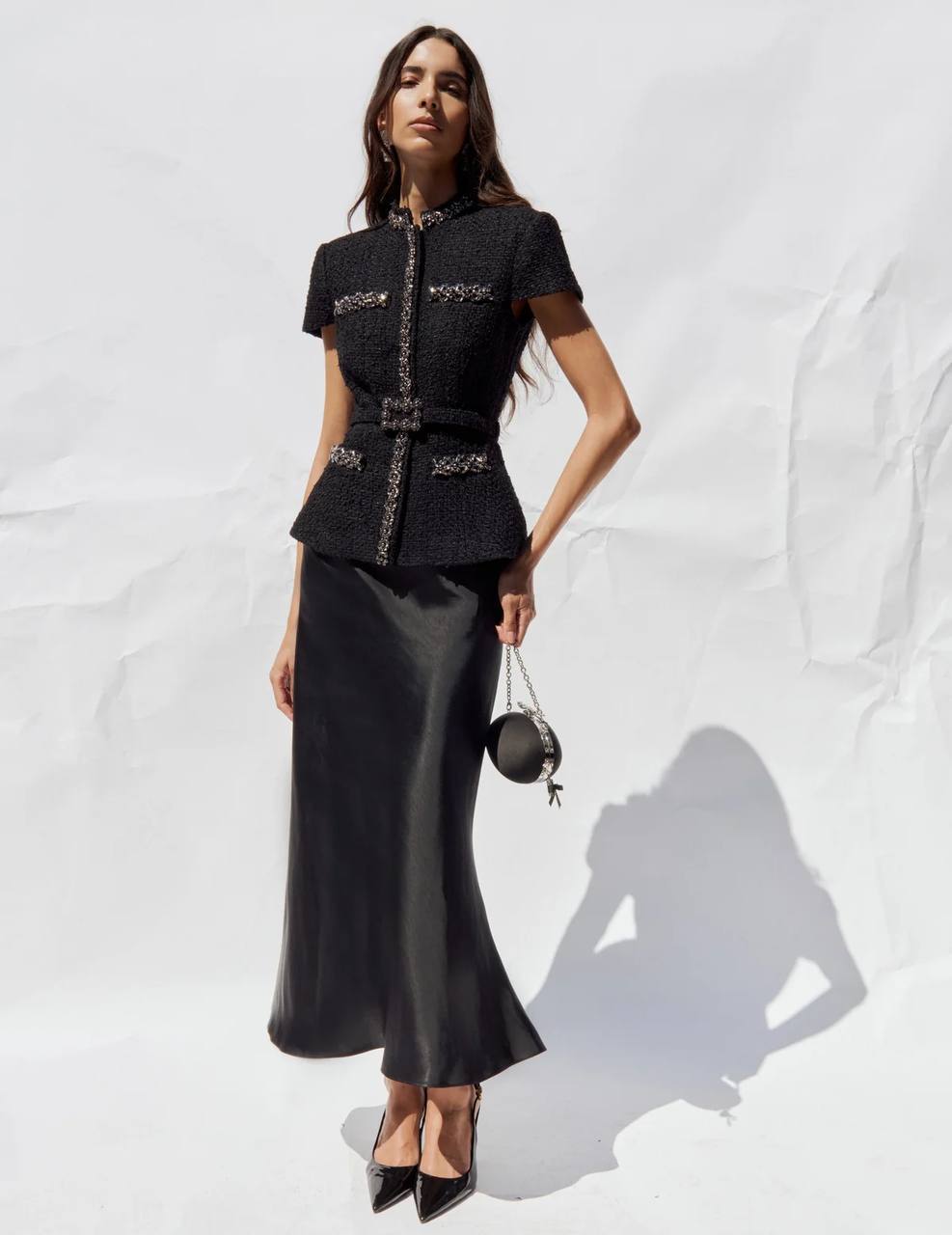 SP Black Boulé Crystal-Trim Satin Midi Dress