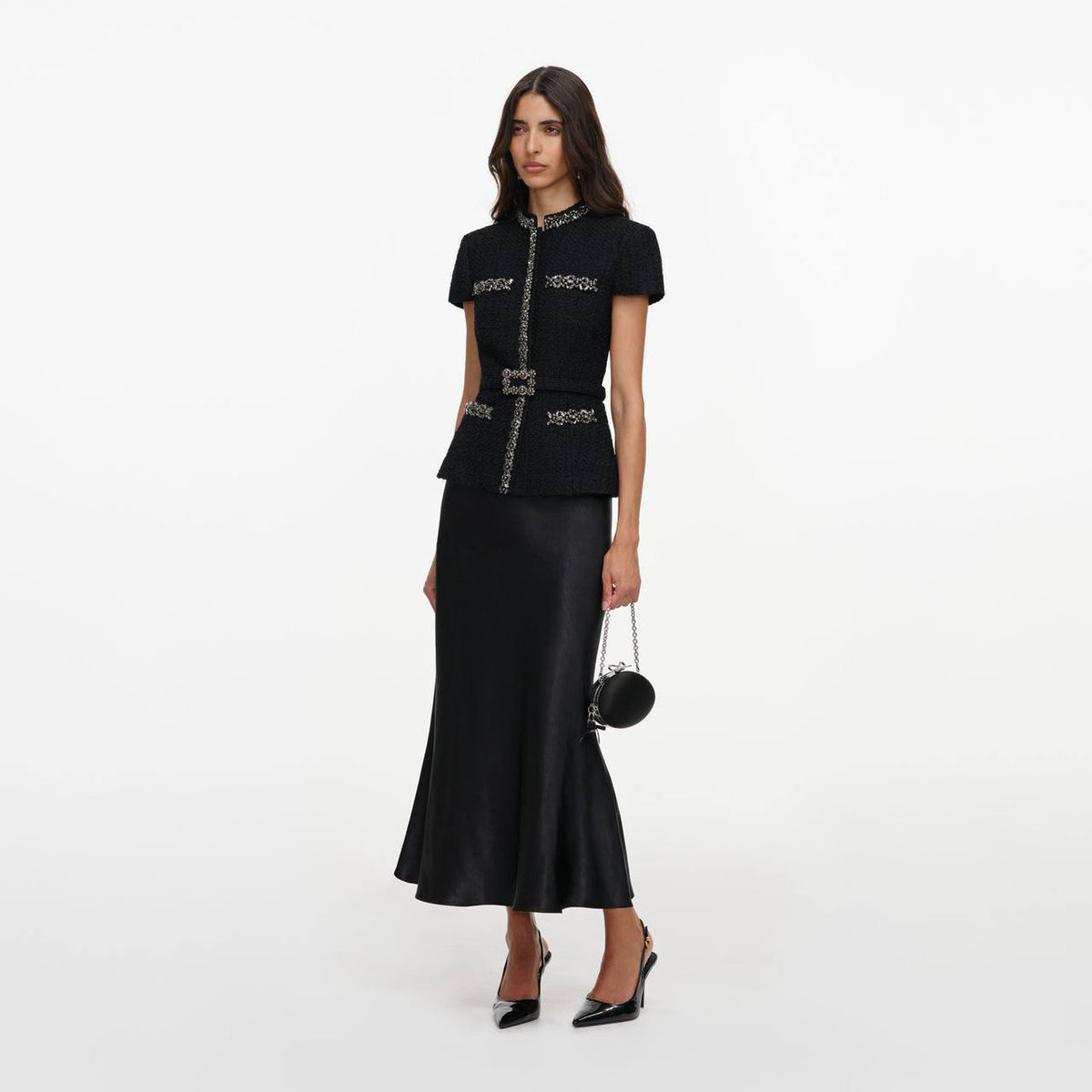 SP Black Boulé Crystal-Trim Satin Midi Dress