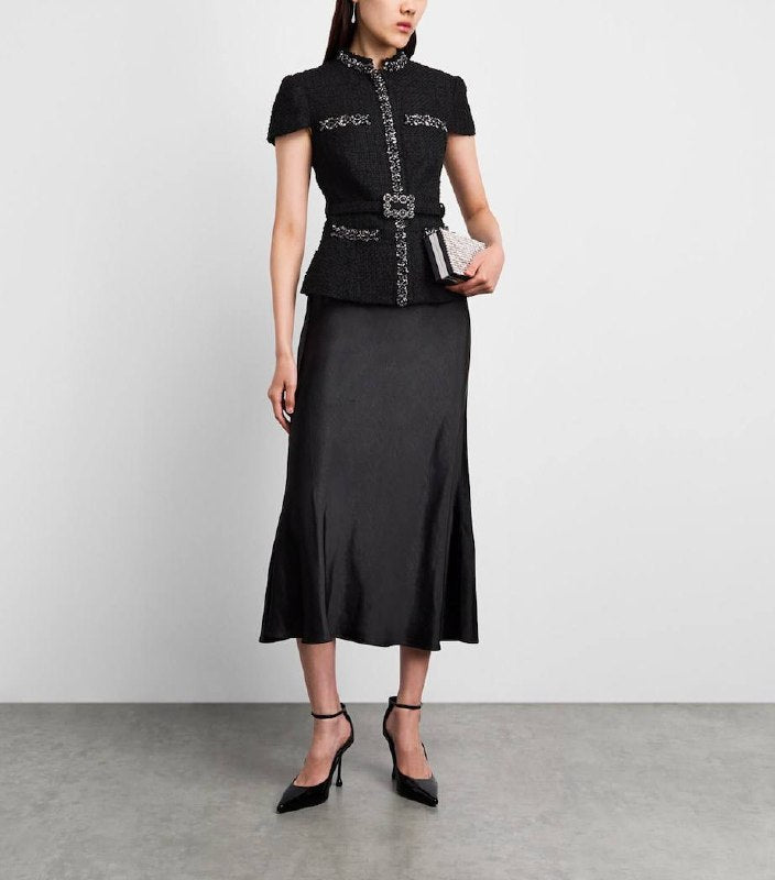 SP Black Boulé Crystal-Trim Satin Midi Dress