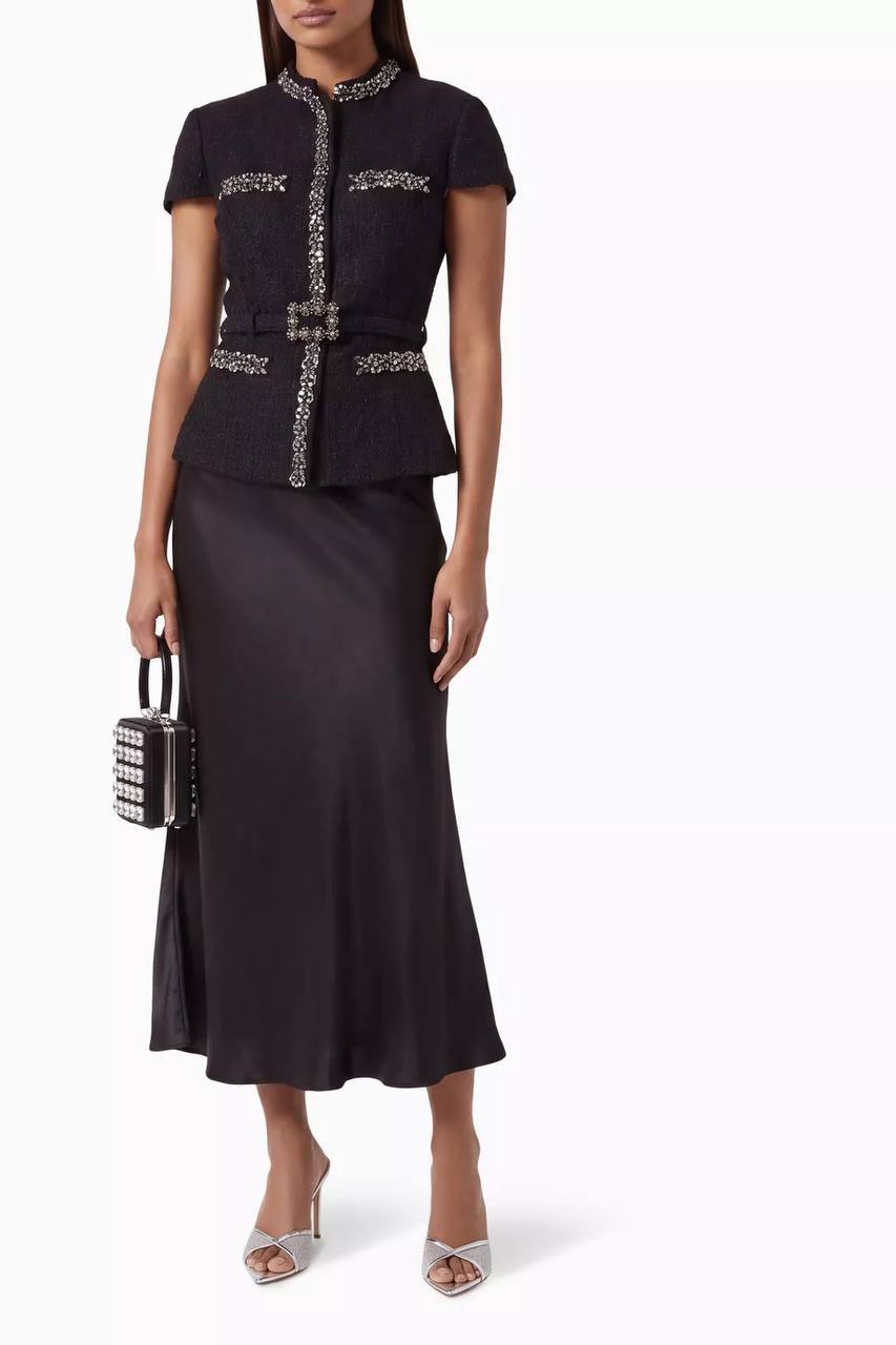 SP Black Boulé Crystal-Trim Satin Midi Dress