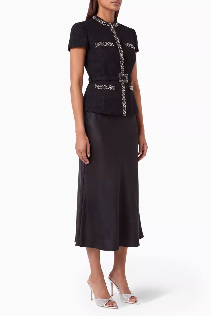 SP Black Boulé Crystal-Trim Satin Midi Dress
