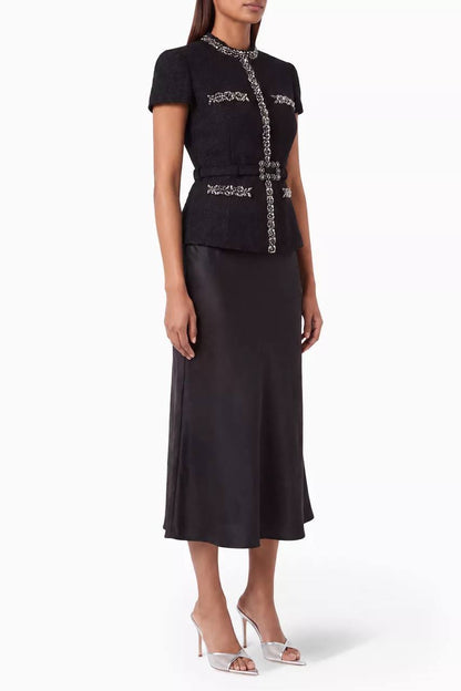 SP Black Boulé Crystal-Trim Satin Midi Dress