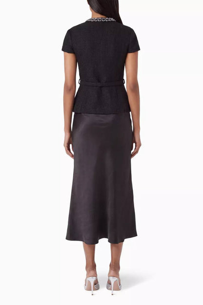 SP Black Boulé Crystal-Trim Satin Midi Dress