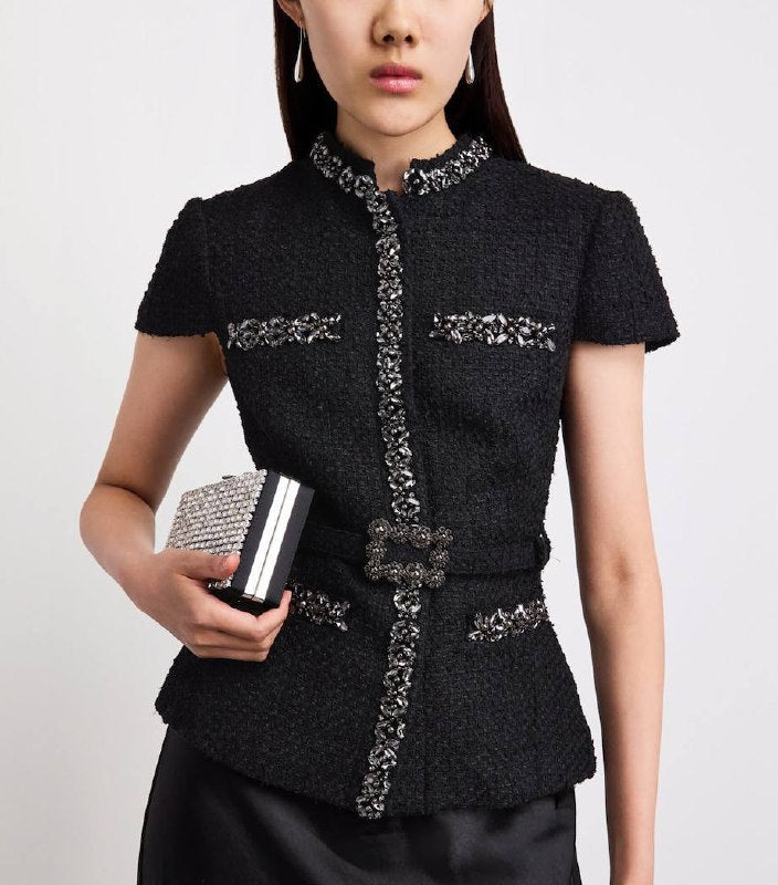SP Black Boulé Crystal-Trim Satin Midi Dress