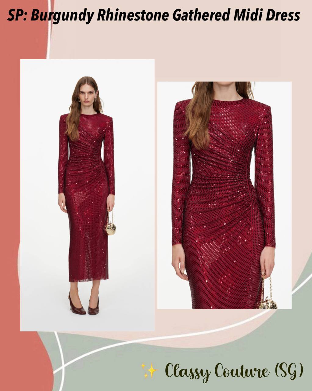 Burgundy Red Rhinestone Gathered Bodycon Long Sleeve Midi Dress