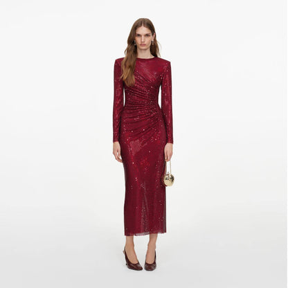 Burgundy Red Rhinestone Gathered Bodycon Long Sleeve Midi Dress