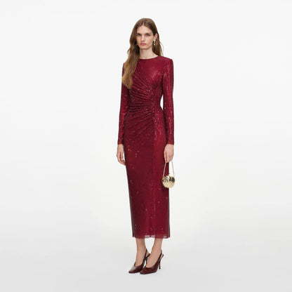 Burgundy Red Rhinestone Gathered Bodycon Long Sleeve Midi Dress