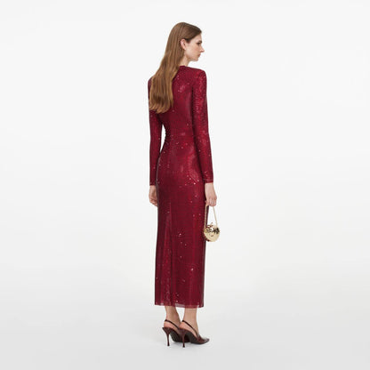 Burgundy Red Rhinestone Gathered Bodycon Long Sleeve Midi Dress