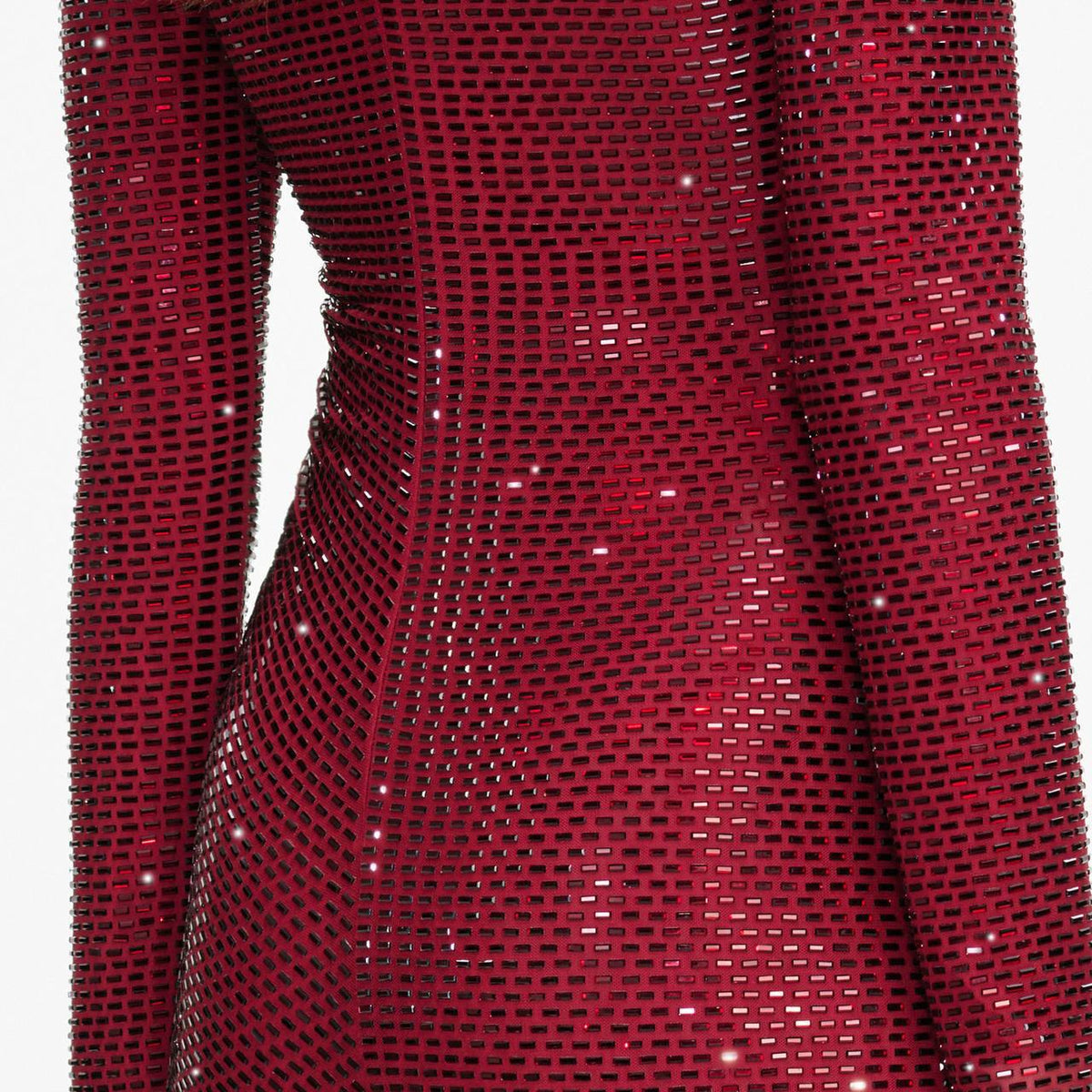 Burgundy Red Rhinestone Gathered Bodycon Long Sleeve Midi Dress