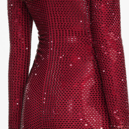 Burgundy Red Rhinestone Gathered Bodycon Long Sleeve Midi Dress