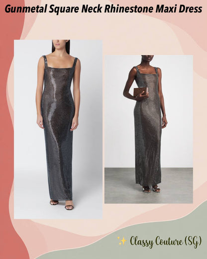 Gunmetal Square Neck Rhinestone Maxi Dress