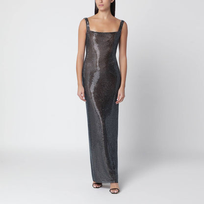 Gunmetal Square Neck Rhinestone Maxi Dress