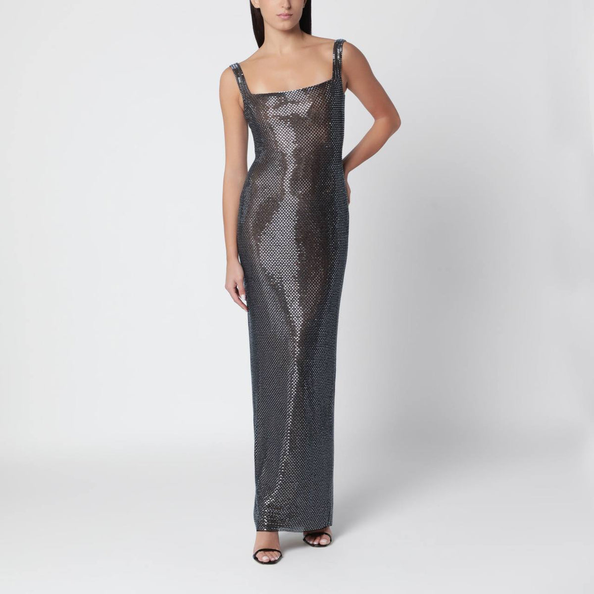 Gunmetal Square Neck Rhinestone Maxi Dress