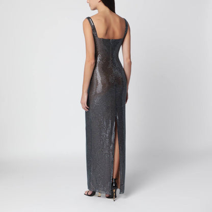 Gunmetal Square Neck Rhinestone Maxi Dress